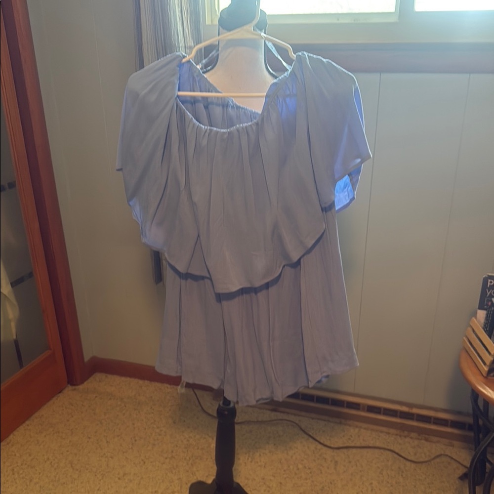 Never Worn Elegant Off-Shoulder Ruffled Romper in Powder Blue